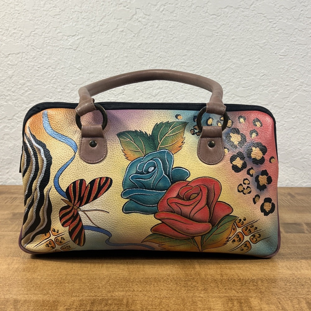 Anna by Anuschka Rose Safari Bag Satchel Purse Flowers Butterflies